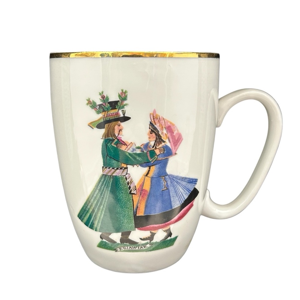 Vintage Favolina Kujawiak Polish Folk Dance Porcelain Mug Gold Trim